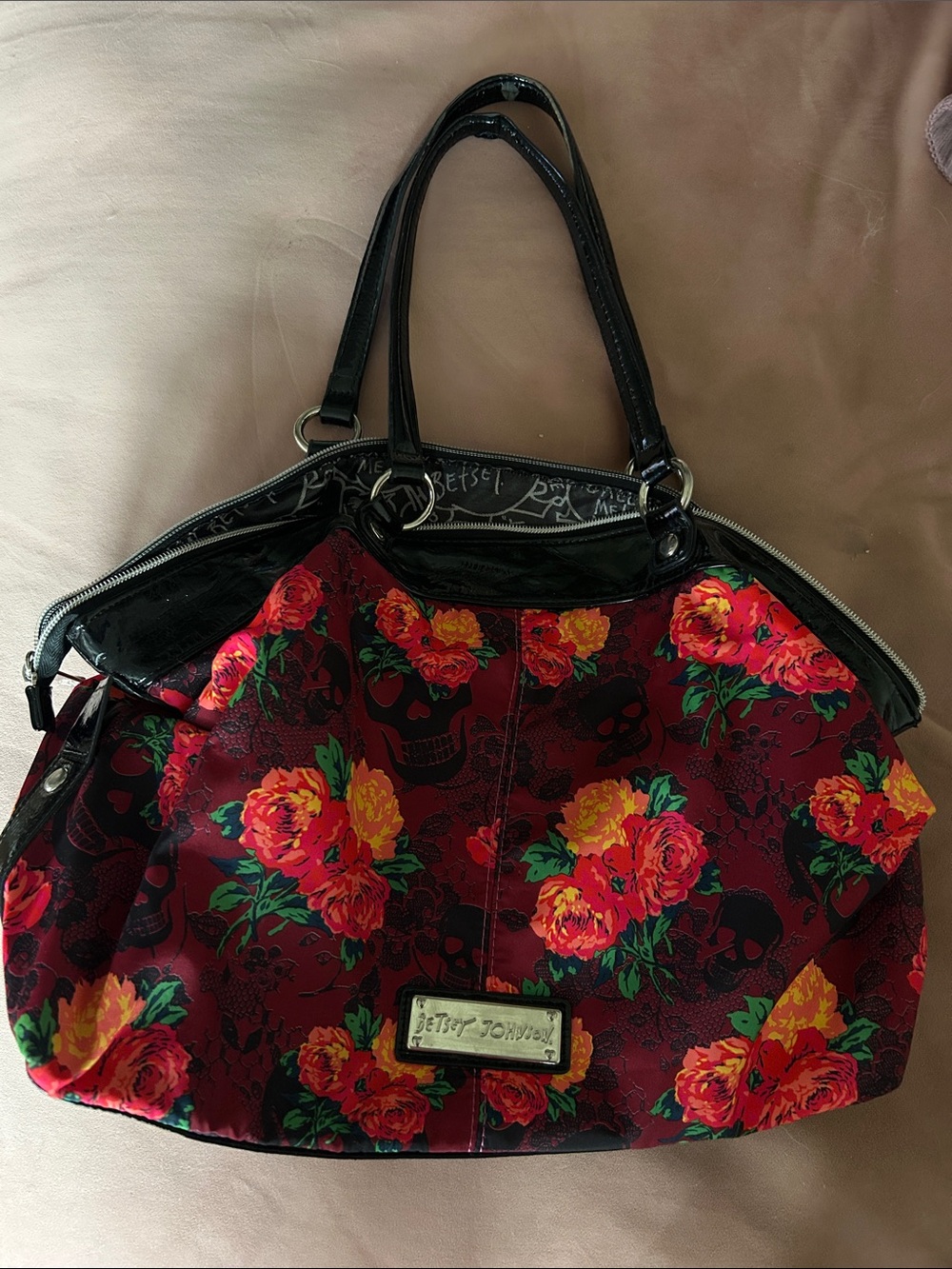 Betsey Johnson Floral Skull Tote With Silver and Black Leather Trim